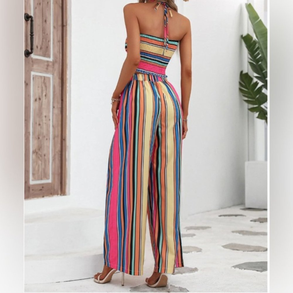 LAST ONE 🔥 Boho Striped Print Halter Top & Wide Leg Pants - Picture 3 of 7